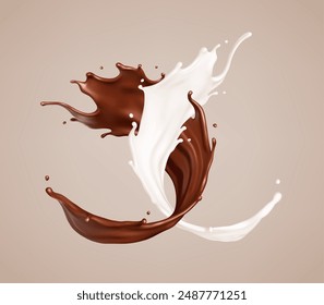 Leche y chocolate. Choco marrón derretido y ondas lechosas con gotas. Ilustración vectorial realista