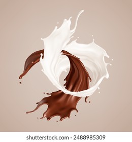 Milk and chocolate splash. Melted brown choco and milky waves with drops. Realistic vector illustration