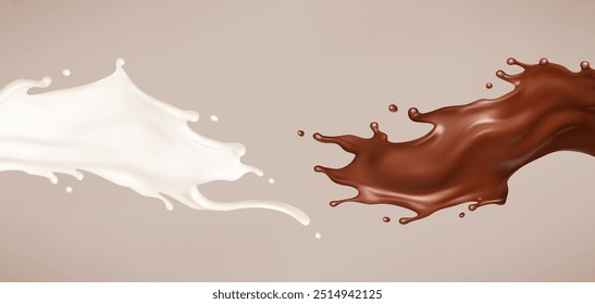 Salpicaduras de leche y chocolate. Choco marrón derretido y ondas lechosas con gotas. Ilustración vectorial realista
