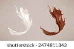 Milk and chocolate splash. Milkshake and melted brown choco. Realistic vector illustration