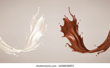 Milk and chocolate splash. Milkshake and melted brown choco. Realistic vector illustration