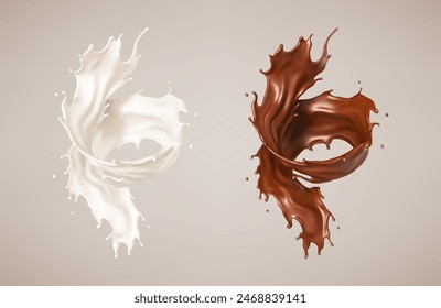 Milk and chocolate splash. Milkshake and melted brown choco. Realistic vector illustration