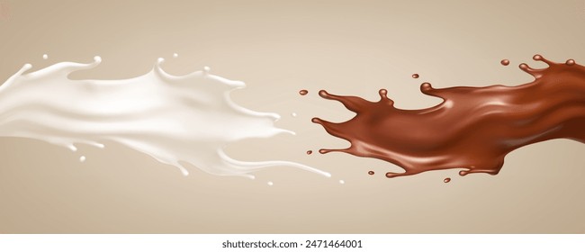 Milk and chocolate splash. Milkshake and melted brown choco. Realistic vector illustration