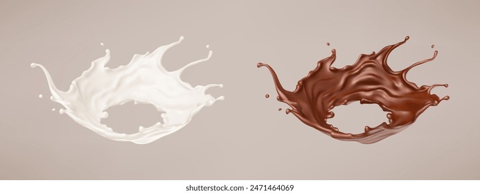 Milk and chocolate splash. Milkshake and melted brown choco. Realistic vector illustration