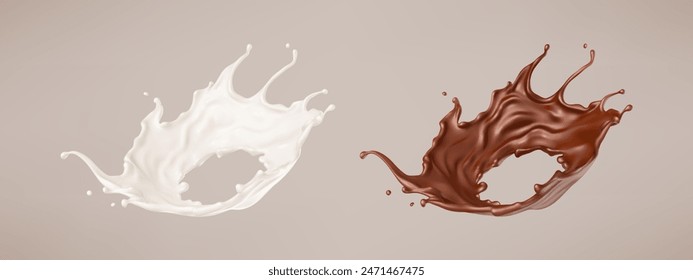 Milk and chocolate splash. Milkshake and melted brown choco. Realistic vector illustration