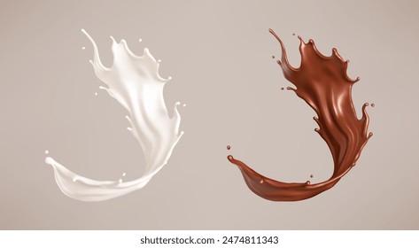 Milk and chocolate splash. Milkshake and melted brown choco. Realistic vector illustration