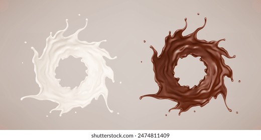 Milk and chocolate splash. Milkshake and melted brown choco. Realistic vector illustration