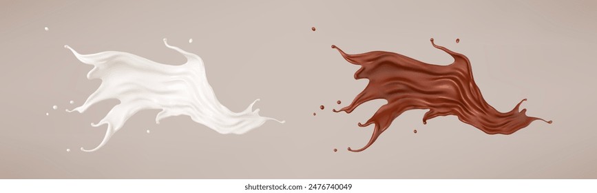 Milk and chocolate splash. Milkshake and melted brown choco. Realistic vector illustration