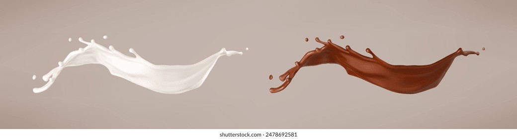 Leche y chocolate. Batido de leche y choco marrón derretido. Ilustración vectorial realista