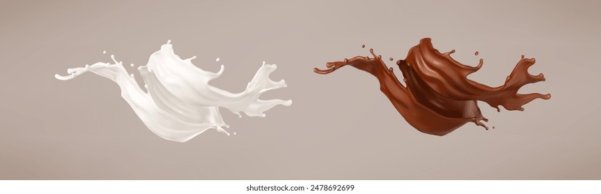 Milk and chocolate splash. Milkshake and melted brown choco. Realistic vector illustration