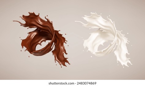 Milch- und Schokoladenspritzer. Milchshake und geschmolzene braune Choco. realistische Vektorillustration