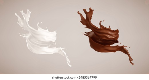 Milk and chocolate splash. Milkshake and melted brown choco. Realistic vector illustration