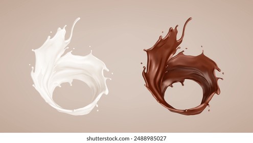 Milk and chocolate splash. Milkshake and melted brown choco. Realistic vector illustration