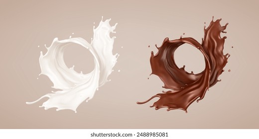 Milk and chocolate splash. Milkshake and melted brown choco. Realistic vector illustration