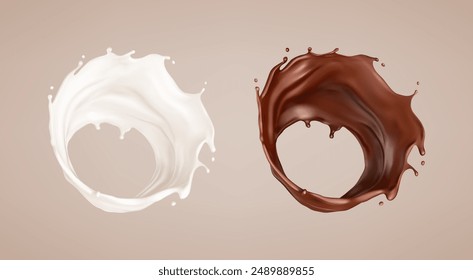 Milk and chocolate splash. Milkshake and melted brown choco. Realistic vector illustration