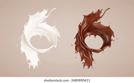 Leche y chocolate. Batido de leche y choco marrón derretido. Ilustración vectorial realista