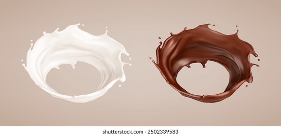 Milk and chocolate splash. Milkshake and melted brown choco. Realistic vector illustration