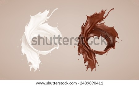 Milk and chocolate splash. Milkshake and melted brown choco. Realistic vector illustration