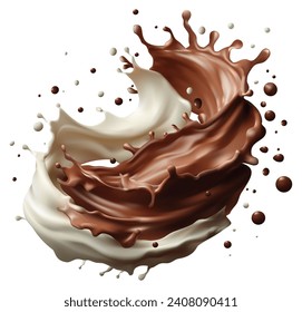 La leche y el chocolate se salpican y fluyen. Antecedentes vectoriales realistas con cacao y olas lechosas con gotas. Ilustración vectorial aislada en fondo blanco.