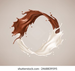 Milk and chocolate splash swirls and flow. Melted brown choco and milky waves with drops. Realistic vector illustration