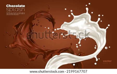 Milk and chocolate splash swirls and flow. Realistic vector background with cocoa and milky waves with drops. Brown and white stream splash of dessert drink and splatters. liquid 3d waves heart