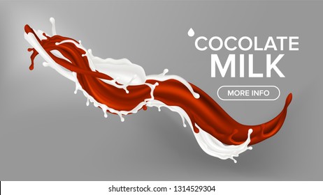Milk Chocolate Splash Vector. Cream Flow. Cocoa Yogurt. Food Swirl, Drop. White, Brown Milkshake. 3D Realistic Illustration