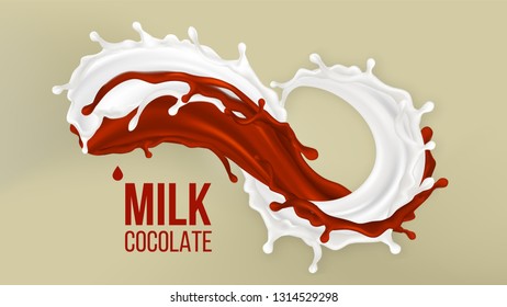 Milk Chocolate Splash Vector. Splashing Ingredient. Natural Chocolate Beverage. Milky Vocktail. Yummy Breakfast. 3D Realistic Illustration