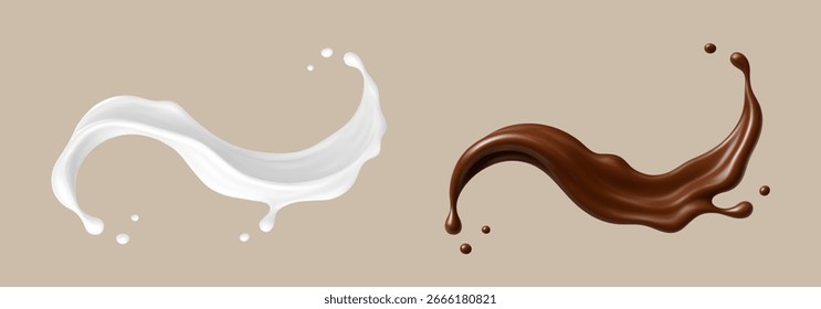 Ondas de salpicaduras de leche y chocolate. Ilustración vectorial