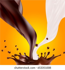 Milk and chocolate splashes cross over, mix and fall, making a crown. Pure two sweet liquid flow and twist in the air. vector 3d illustration. isolated. milkshakes: white and brown wavy fluids