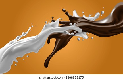 Milk and chocolate splashes dynamic flow mixed on yellow background vector illustration.