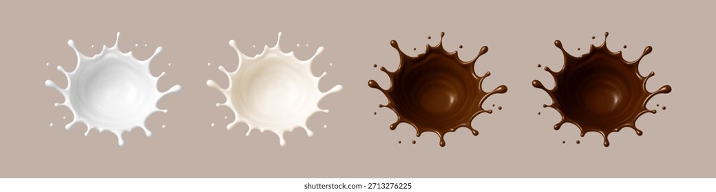Salpicaduras de leche y chocolate. Choco marrón derretido y salpicaduras de leche con gotas. Ilustración vectorial realista