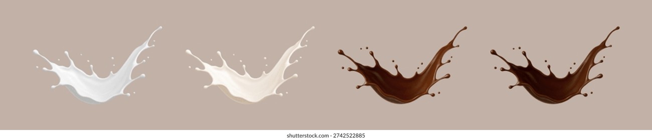 Milk and chocolate splashes. Melted brown choco and milk splash with drops. Realistic vector illustration