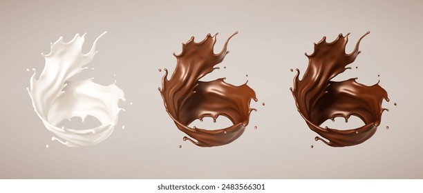 Salpicaduras de leche y chocolate. Batido de leche y choco marrón derretido. Ilustración vectorial realista