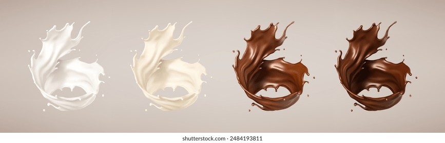 Milk and chocolate splashes. Milkshake and melted choco. Realistic vector illustration