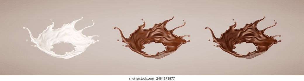 Milk and chocolate splashes. Milkshake and melted brown choco. Realistic vector illustration