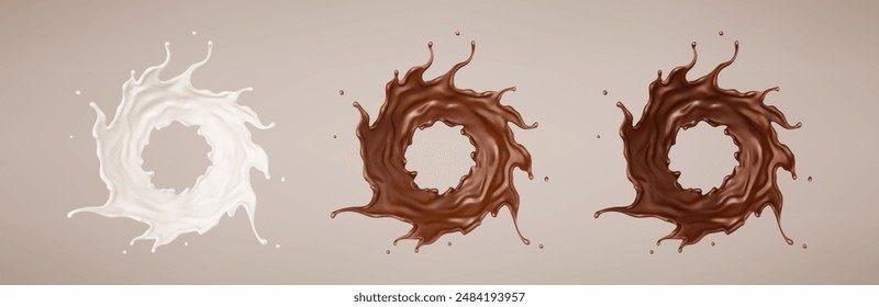 Salpicaduras de leche y chocolate. Batido de leche y choco marrón derretido. Ilustración vectorial realista