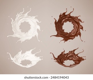 Milk and chocolate splashes. Milkshake and melted brown choco. Realistic vector illustration