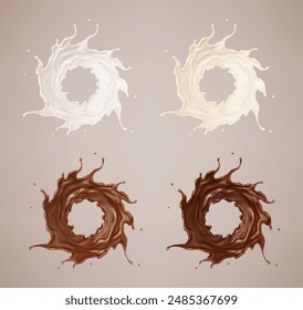 Milk and chocolate splashes. Milkshake and melted brown choco. Realistic vector illustration