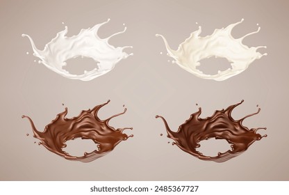 Milk and chocolate splashes. Milkshake and melted brown choco. Realistic vector illustration