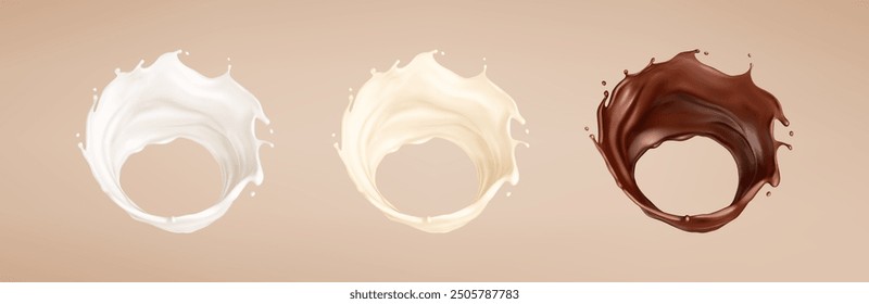 Milk and chocolate splashes. Milkshake and melted choco. Realistic vector illustration
