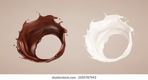 Milch- und Schokoladenspritzer. Milchshake und geschmolzene Schokolade. Realistische Vektorgrafik
