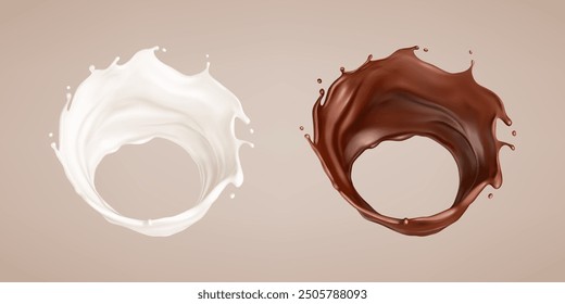 Milk and chocolate splashes. Milkshake and melted choco. Realistic vector illustration
