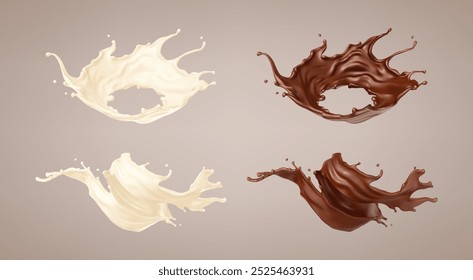 Milk and chocolate splashes. Milkshake and melted brown choco. Realistic vector illustration
