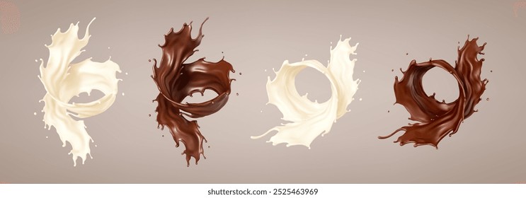 Milk and chocolate splashes. Milkshake and melted brown choco. Realistic vector illustration
