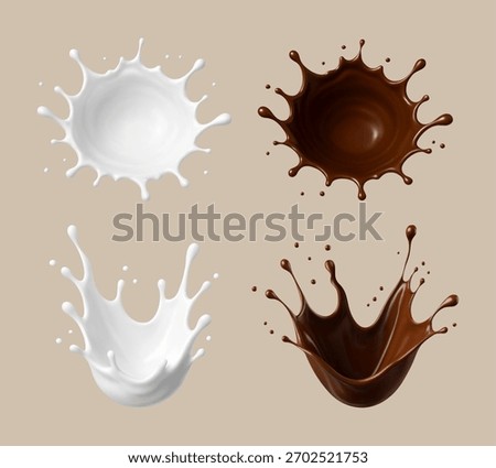 Milk and chocolate splashes. Milkshake and melted choco. Realistic vector illustration