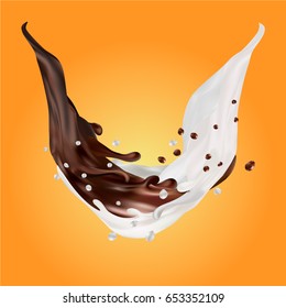 Milk and chocolate splashes vector isolated over orange background. pouring liquid or milkshake falling with drops and blots. 3d illustration.
