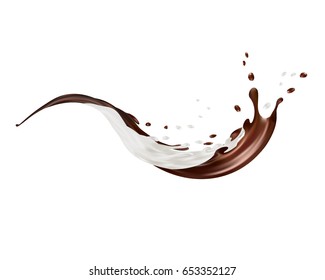 Milk and chocolate splashes vector isolated over white background. pouring liquid or milkshake falling with drops and blots. 3d illustration.