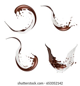 Milk and chocolate splashes vector isolated over white background. pouring liquid or milkshake falling with drops and blots. 3d illustration.