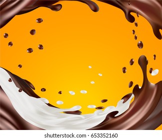 Milk and chocolate splashes vector isolated over orange background. pouring liquid or milkshake falling with drops and blots. 3d illustration.