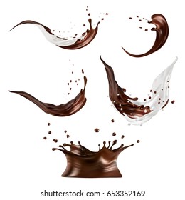 Milk and chocolate splashes vector isolated over white background. pouring liquid or milkshake falling with drops and blots. 3d illustration.